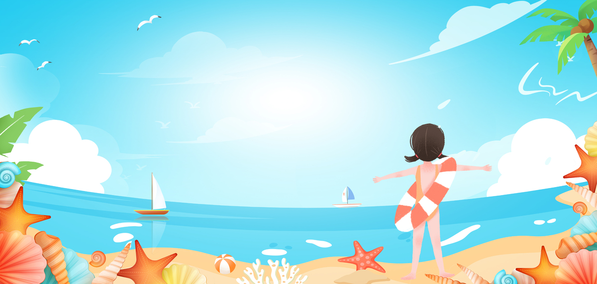 夏天夏季沙滩女孩蓝色简约促销旅游海报背景图片