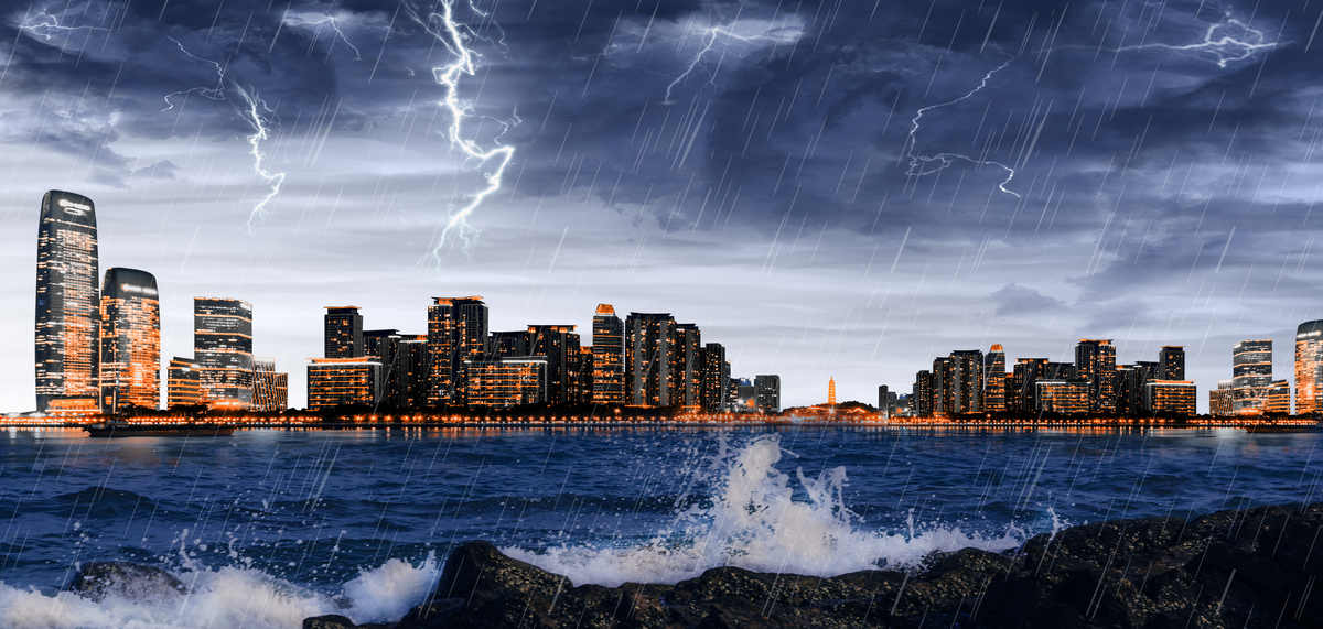 暴雨洪水城市蓝色大气合成海报背景图片