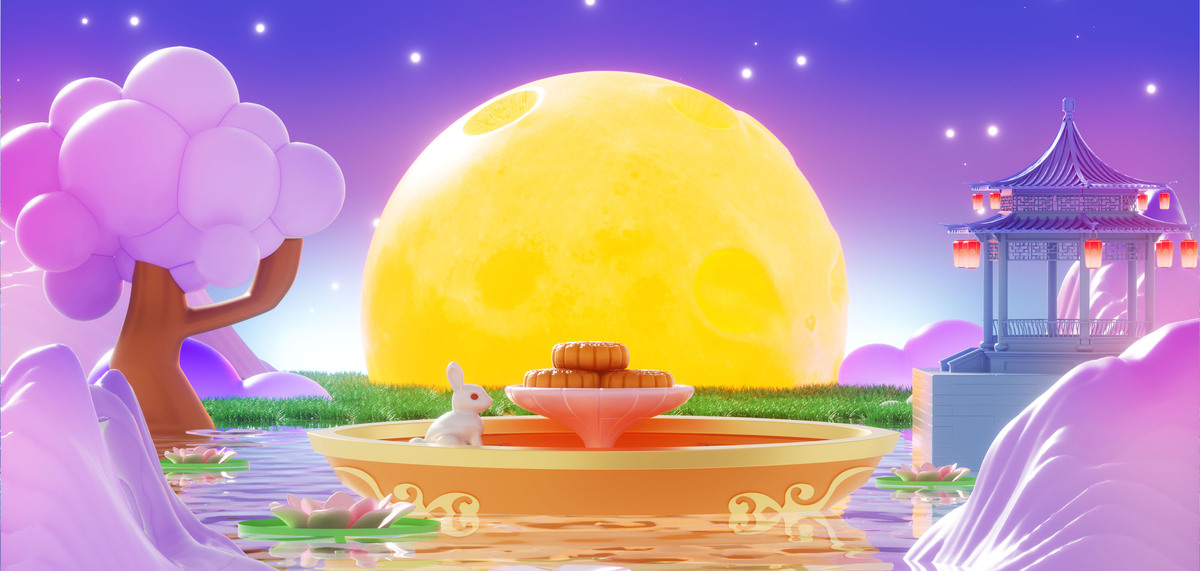 中秋节月亮紫色渐变卡通兔子乘船吃月饼场景图片