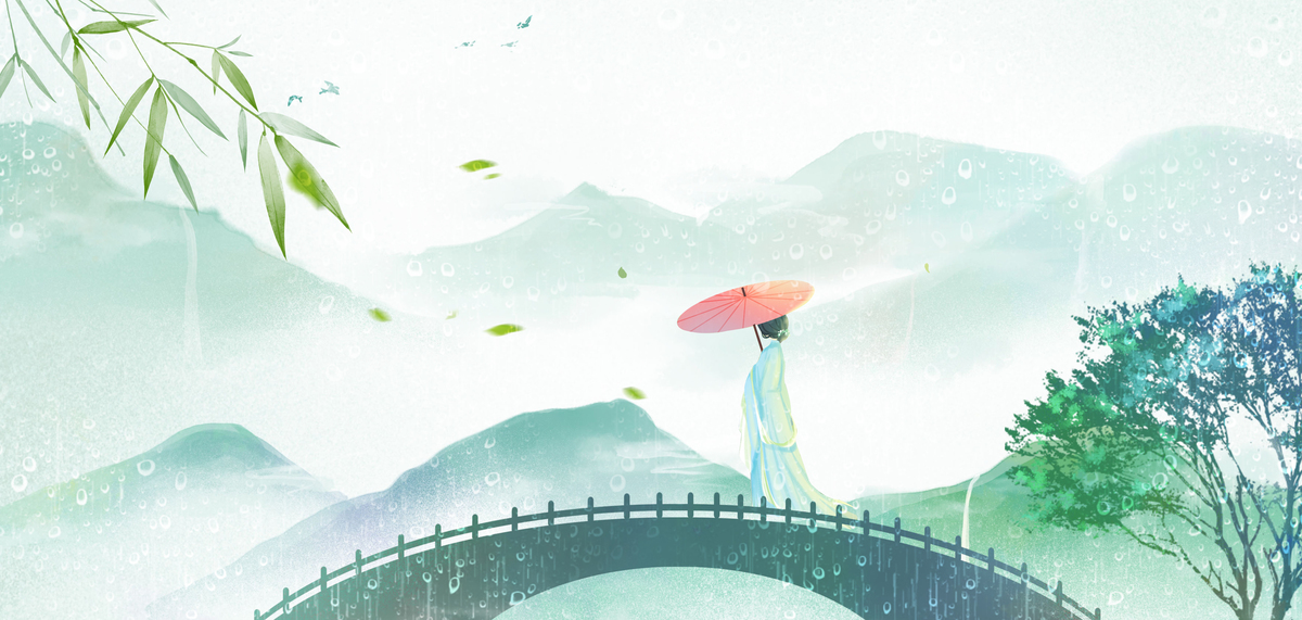 清明节烟雨桥上古风女子国画水彩横图背景图片