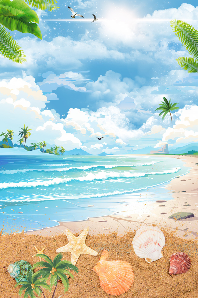夏天海边蓝色清新唯美夏季海滩风景旅行设计图片