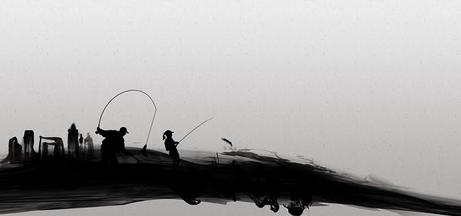 黑白水墨垂钓钓鱼人物背景素材图片