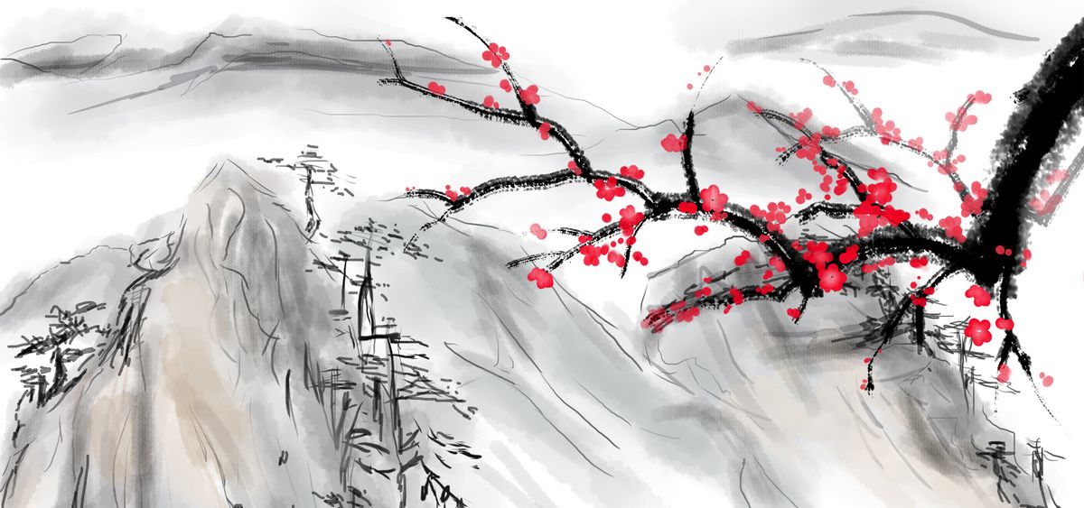 红梅枝水墨梅花中国风花瓣飘落背景图片