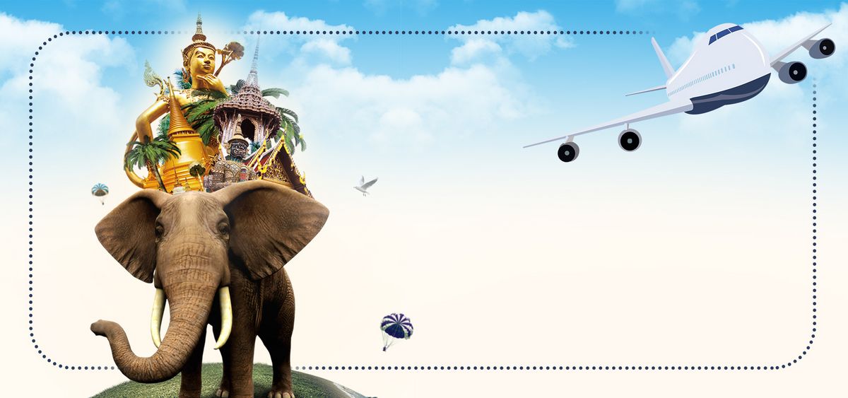 淘宝矢量卡通旅行泰国大象飞机蓝天海报背景图片