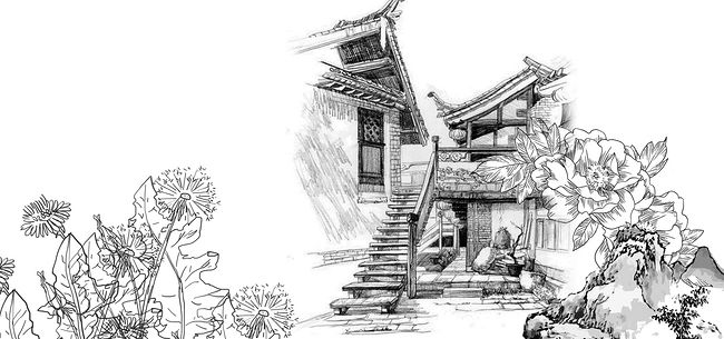 黑白线描房子风景背景图图片