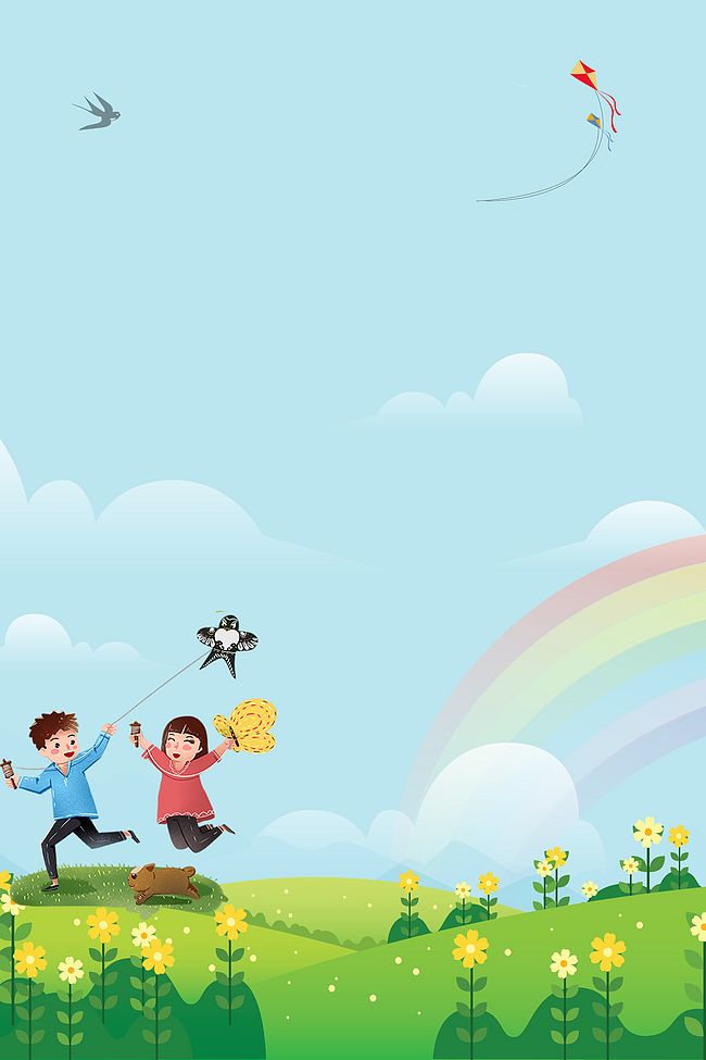 蓝色天空下放风筝的小朋友背景素材图片