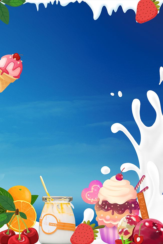 蓝色缤纷甜品酸奶促销海报背景素材图片