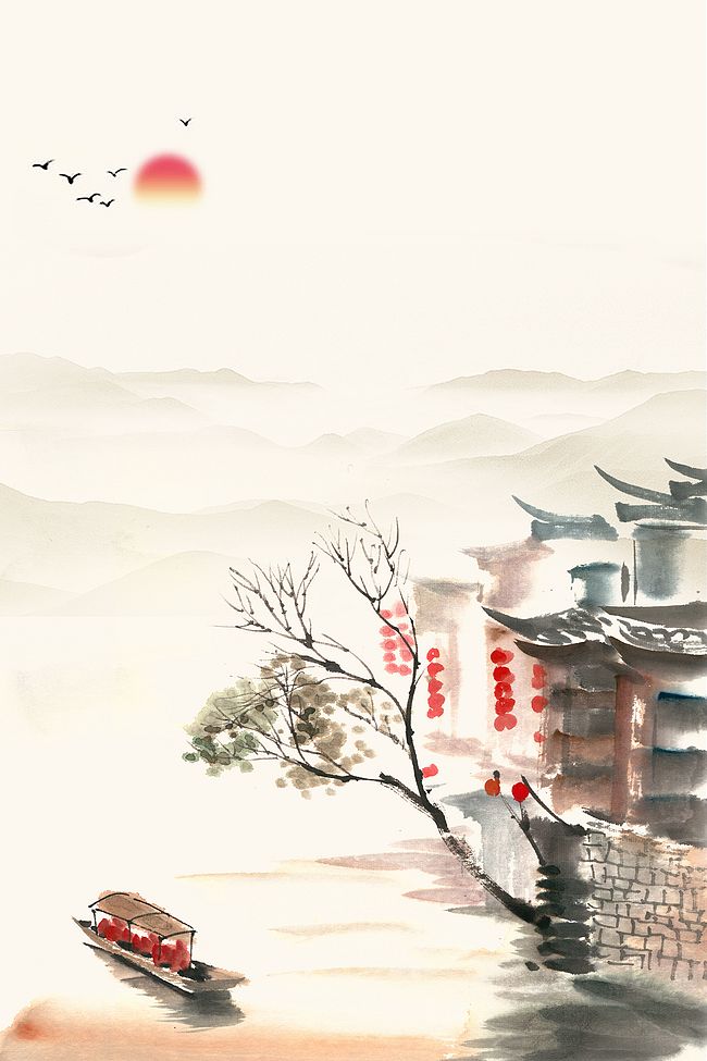 中国风水墨江南水乡旅游海报背景素材图片