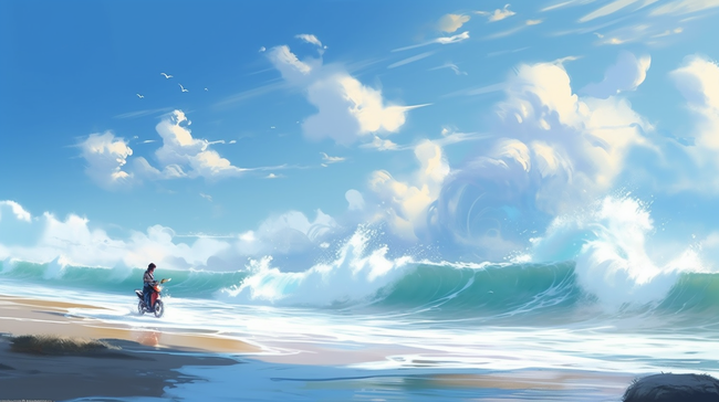 卡通手绘夏天唯美骑摩托车在海边看风景背景图片