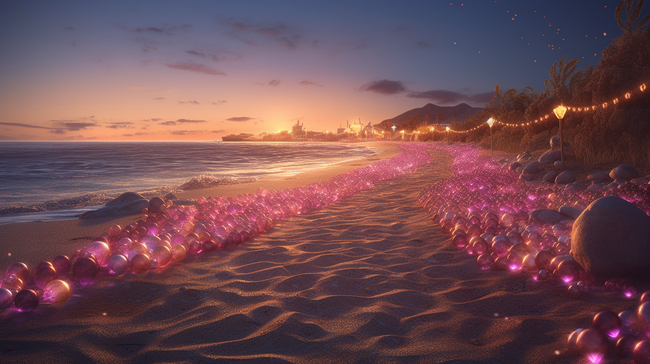 浪漫的布满粉色心形的沙滩图片