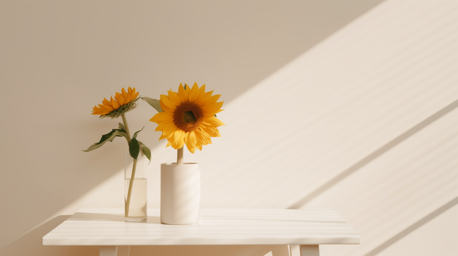 温暖明亮的桌面和向日葵花瓶图片