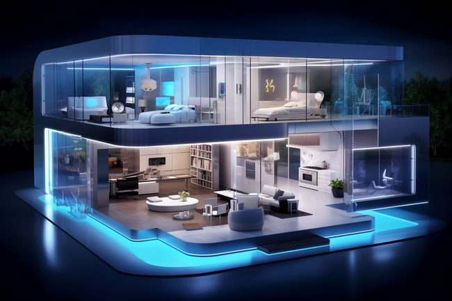 3D效果智能家居微缩房屋模型科技背景图片
