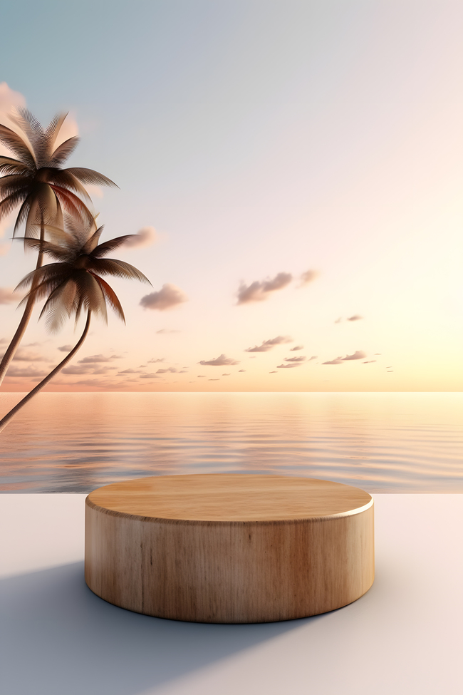 电商海报夏日海边木头展台棕榈树背景图片