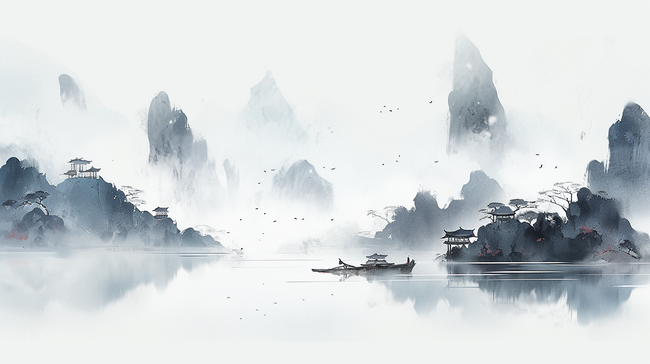 中国水墨画山水风景水墨山水插画海报背景图片
