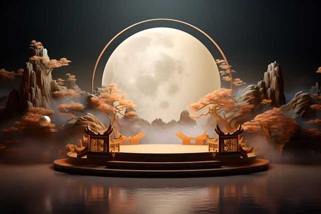 3D中国风圆月中秋产品展示展台图片