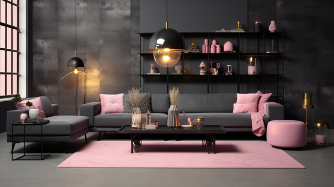 时尚流行潮流芭比粉色与黑金色撞色室内空间图片