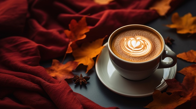 秋叶毯子上的一杯咖啡背景16图片
