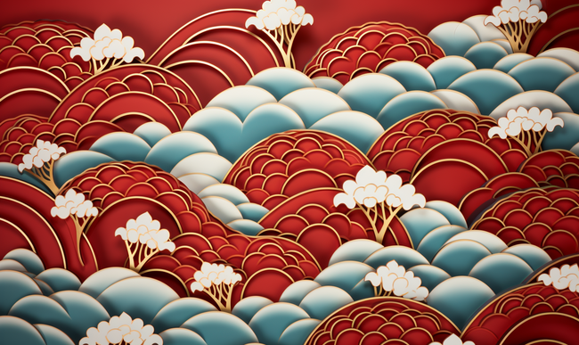 中式鎏金鱼鳞纹平铺春节新年海报背景图片