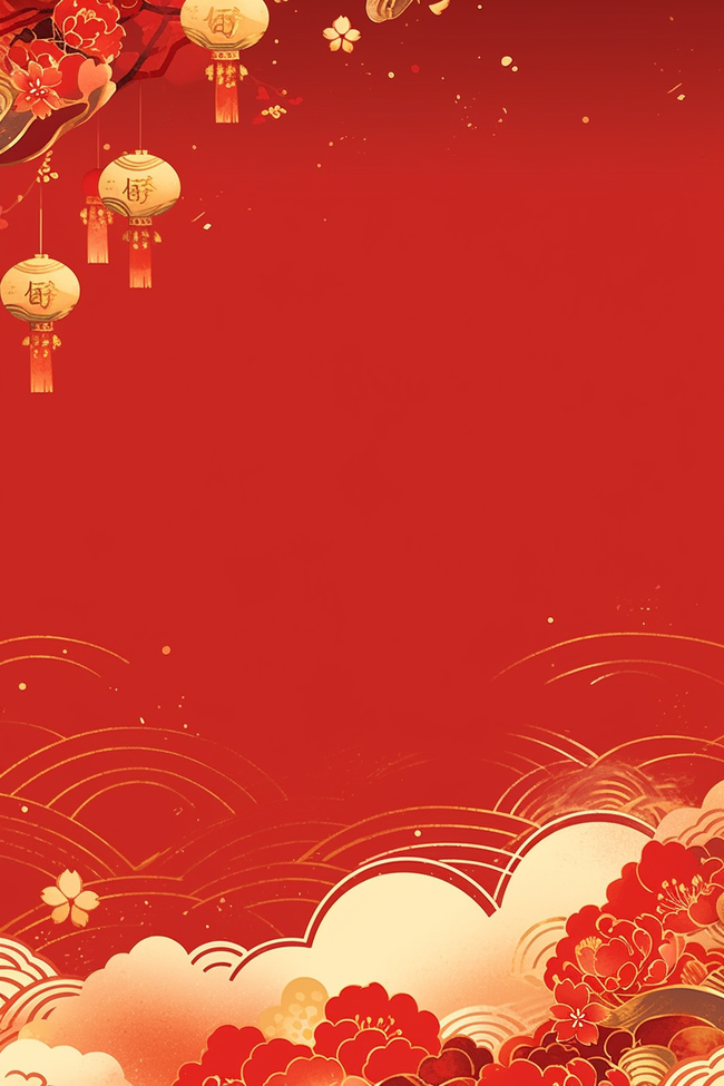 红色新年边框黄色底部背景插画图片