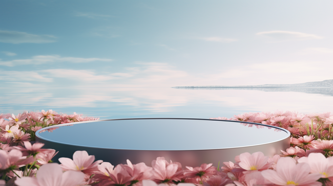 水面上花朵围绕的3D美妆化妆品电商展台图片