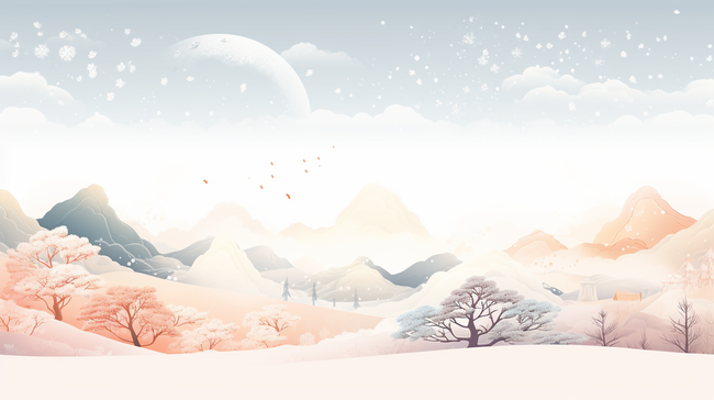 冬季山峰树木大雪山水画背景16图片