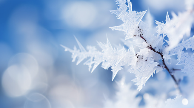 蓝色冬天松枝上的冰晶冰花雾凇背景图片