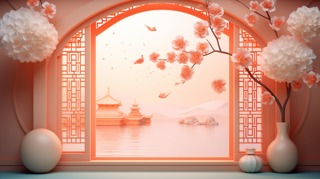 春节古典窗户鲜花装饰C4D背景4图片