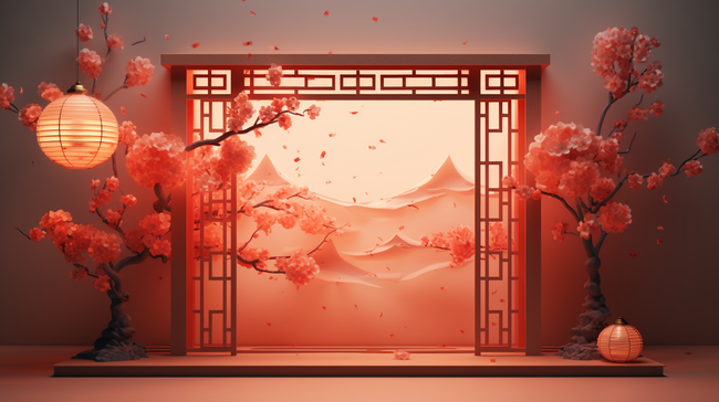 春节古典窗户鲜花装饰C4D背景5图片