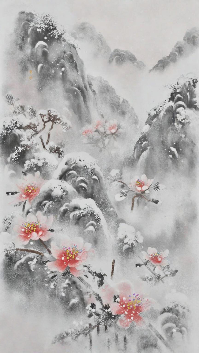 国风冬天雪景大雪中的花枝意境背景图片