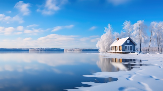 冬天雪景湖边的房子20图片