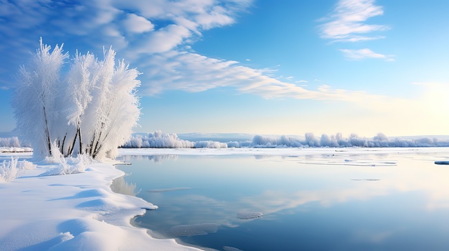 冬天的江边雪景日出美丽素材图片