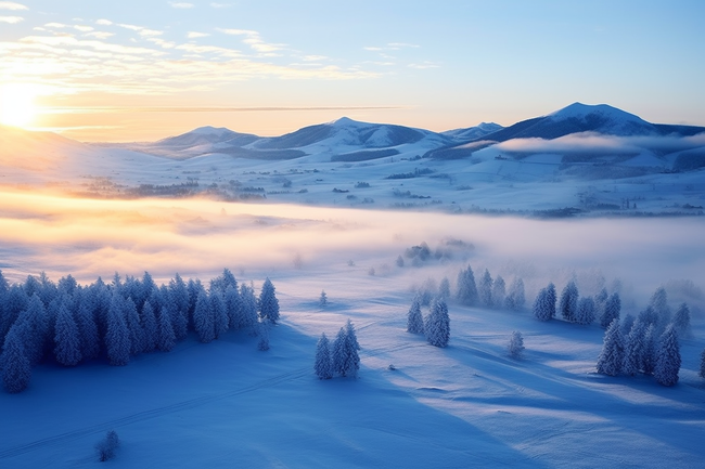 日出雪景唯美背景冬天摄影图图片