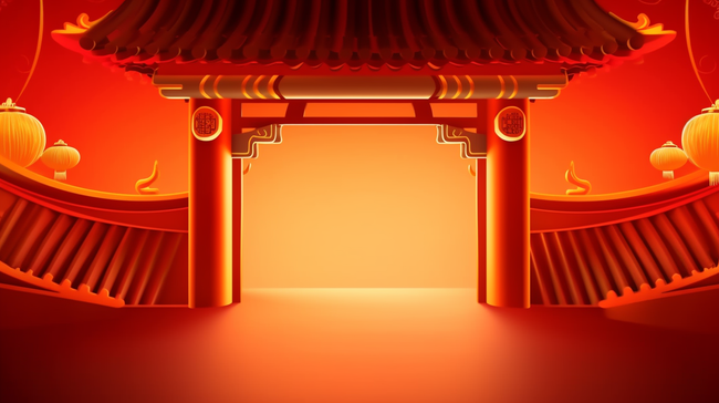 红色国风中式开门红年货节门楼背景图片