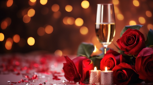 玫瑰和香槟庆祝情人节背景图图片