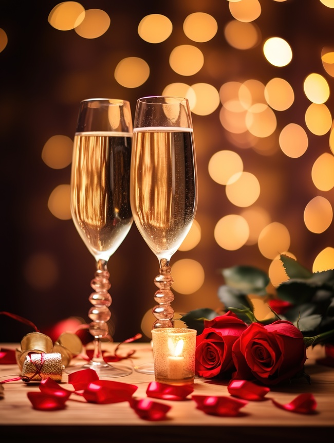 玫瑰和香槟庆祝情人节背景素材图片
