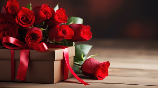 红玫瑰和木桌上的丝带礼物图片图片