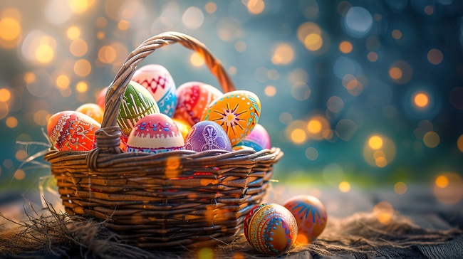 草地上篮子的彩蛋复活节背景图片