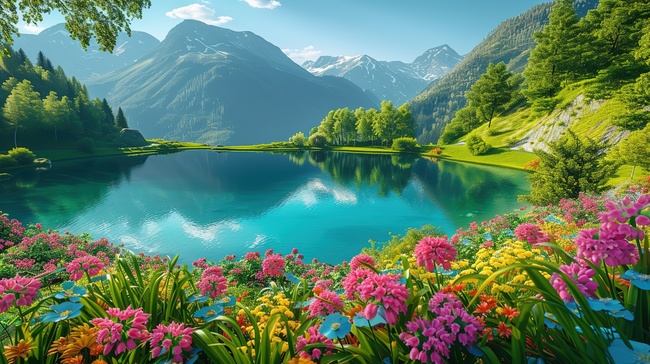 春天花朵环绕着湖泊背景图图片