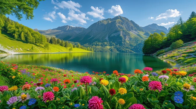 春天花朵环绕着湖泊素材图片