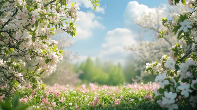 白色和浅粉色樱花春天背景图图片