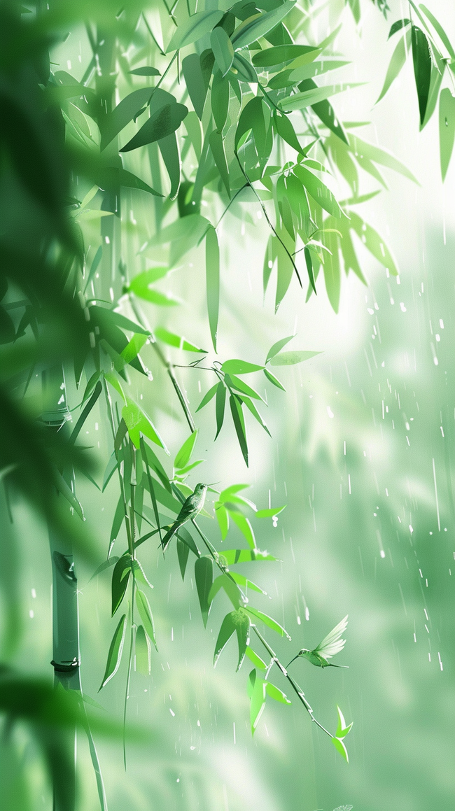 春和景明清明节雨中竹叶春景背景素材图片