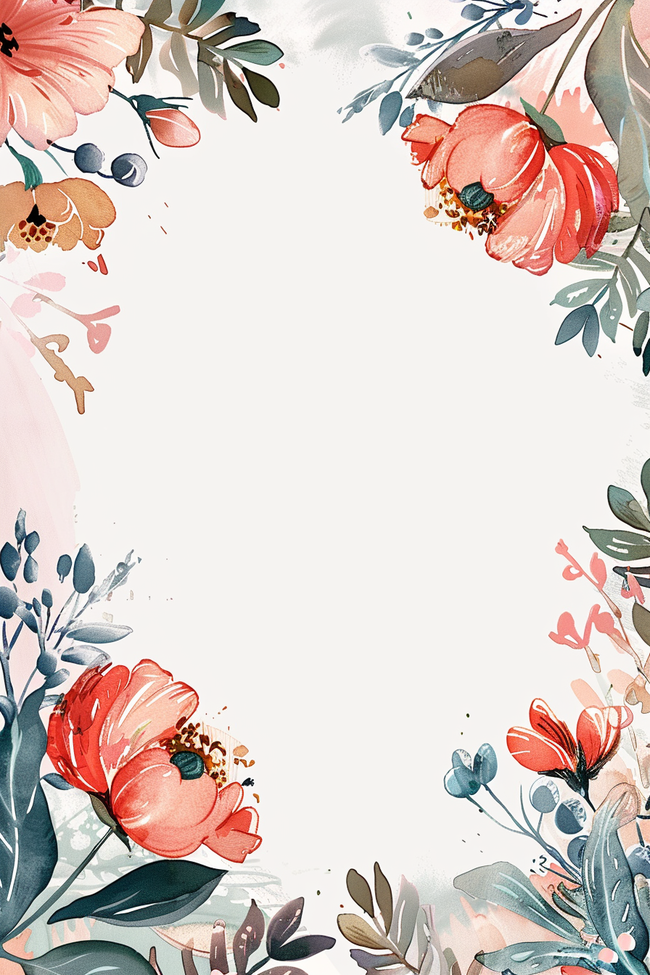 春天红色花朵绿植边框手绘背景图片