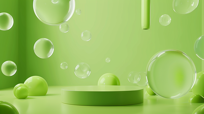 浅绿色春天飘浮气泡半透明质感电商展台素材图片