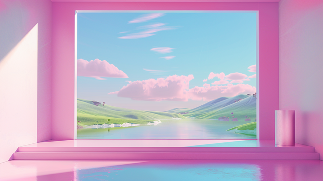 粉色大窗春天风景展览空间3D展台场景素材图片