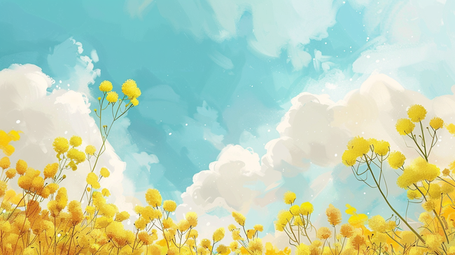 春天手绘蓝天白云树枝花草的背景16图片