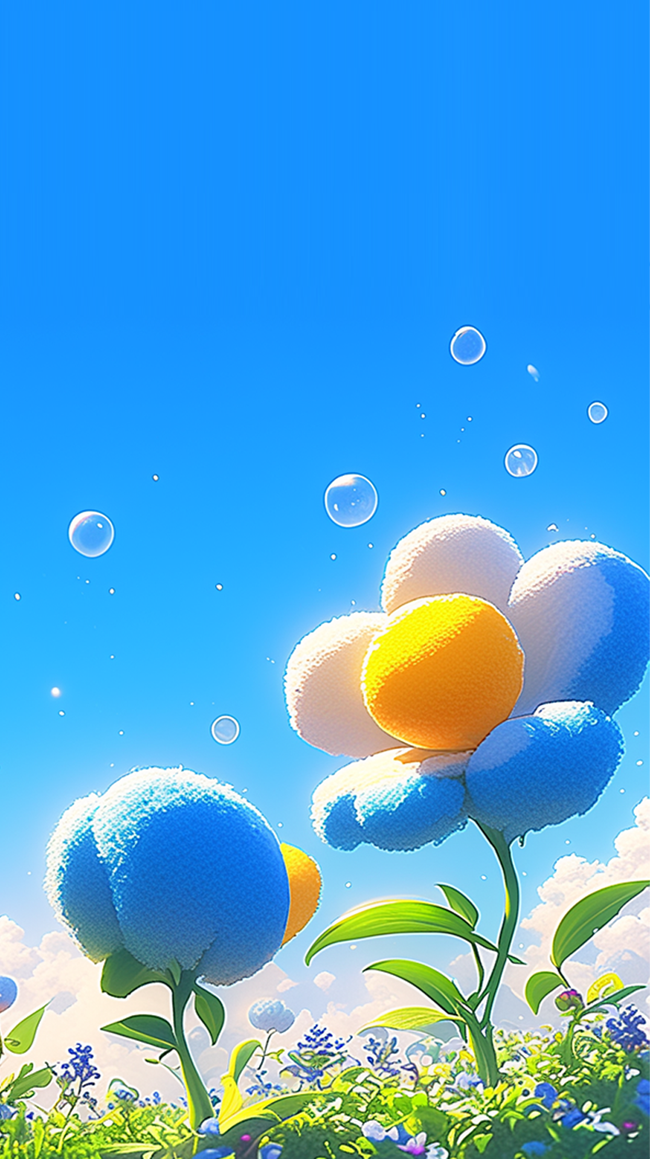 可爱风春天3D蓝色毛绒绒质感大花朵背景图图片