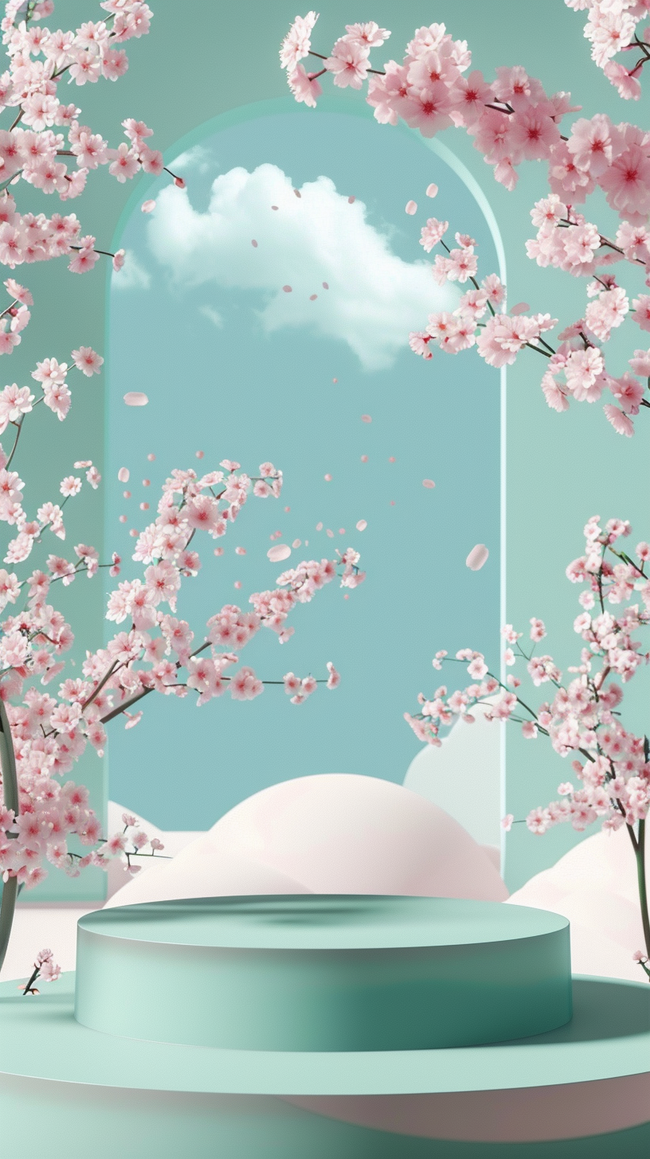 清透质感春天3D樱花花枝促销电商展台背景图片
