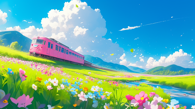 春日出游花田里的粉色列车背景素材图片