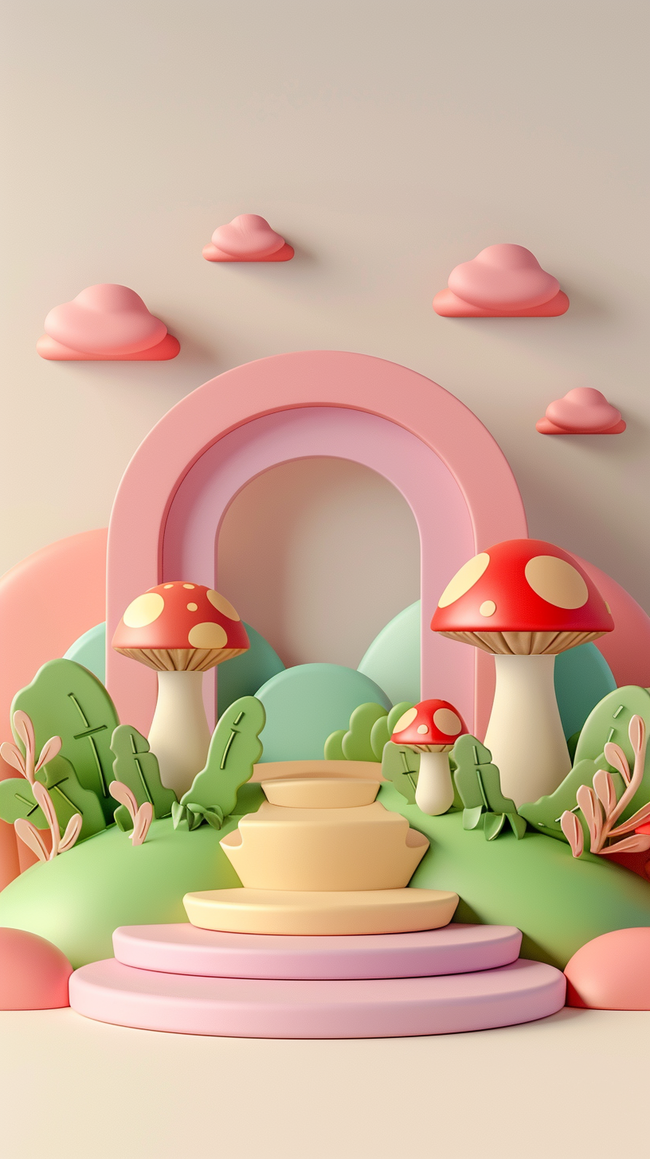 春天3D可爱卡通蘑菇母婴电商展台设计图图片