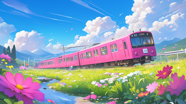 春日出游花田里的粉色列车设计图图片